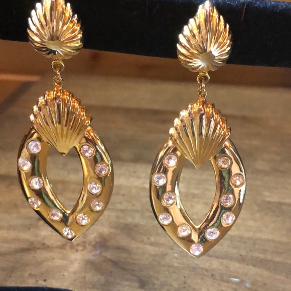 Gold Tone & Rhinestones Knocker Statement Earrings Vintage - Picture 1 of 7